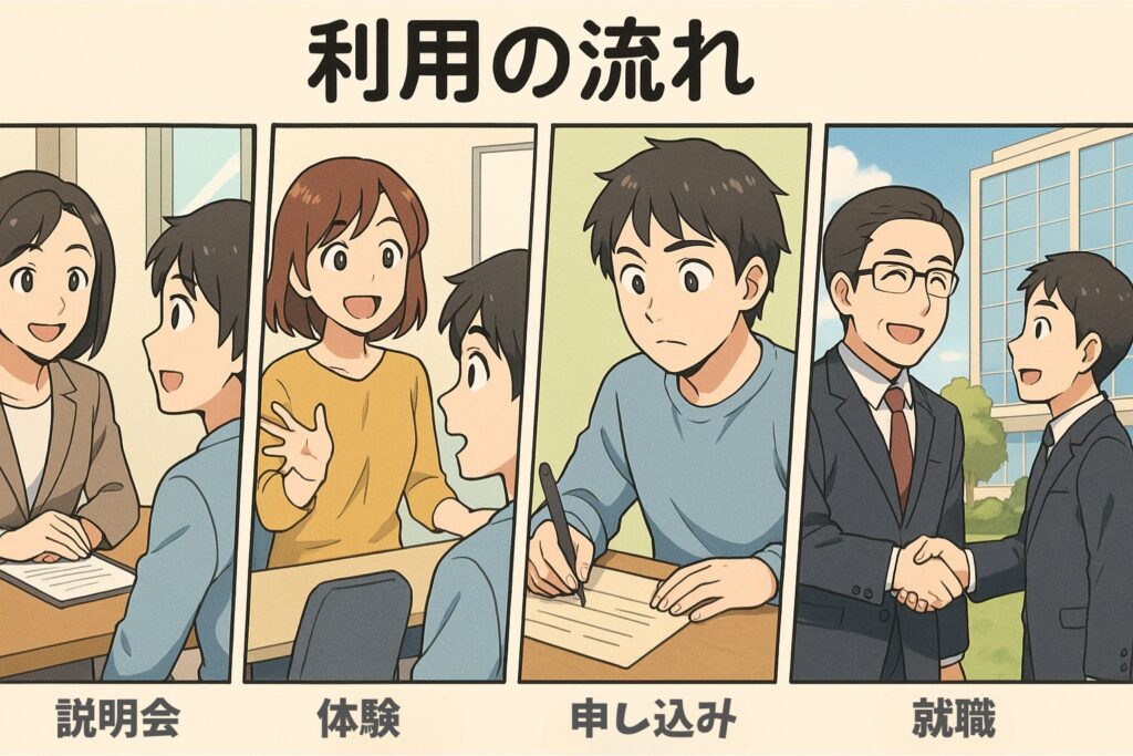 利用の流れ(説明会・体験・申し込みから就職まで)